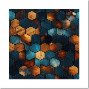 Geometric Timber: Crystalline Hexagons in Amber and Blue Posters and Art